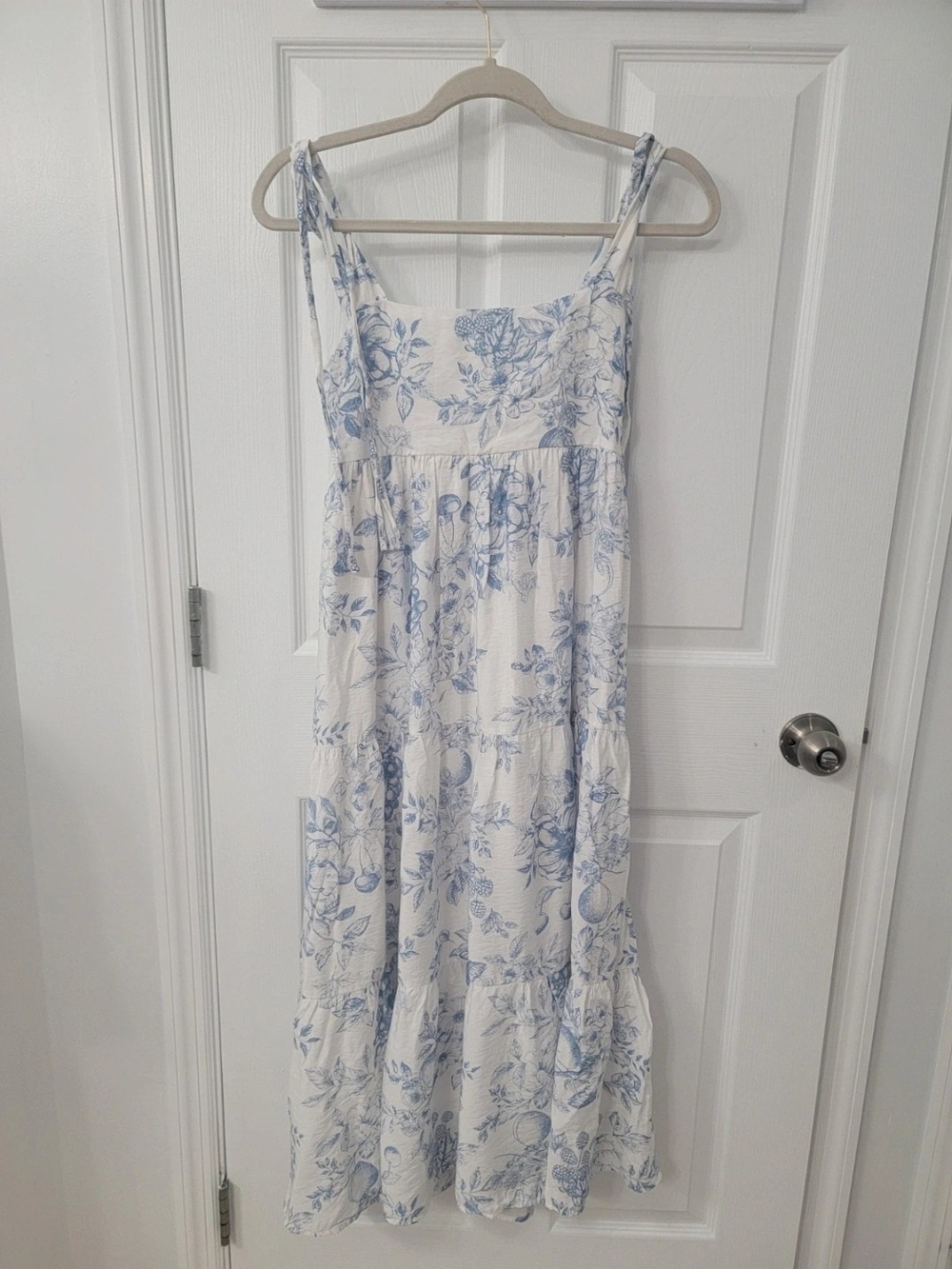 Blu Pepper White & Blue Fruit Blossom Tie Strap Midi Dress